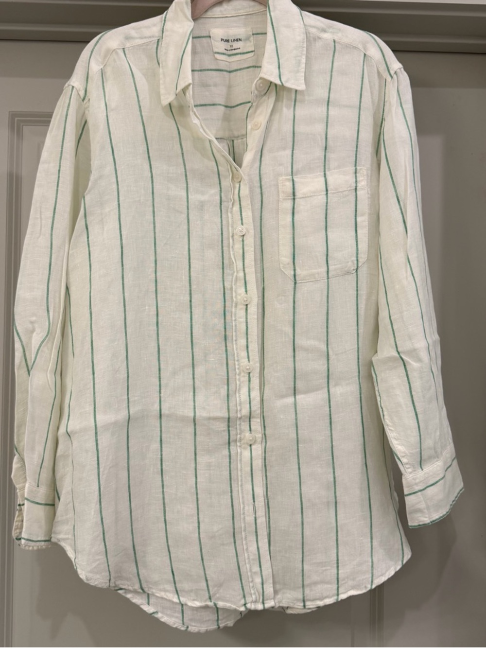Marks & Spencer White Linen Shirt with Green Stripes